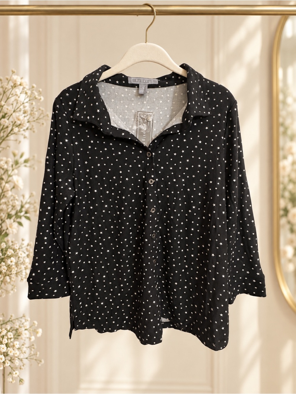 By Design Black White Mini Star Print Roll Tab Button Down Blouse S NWT